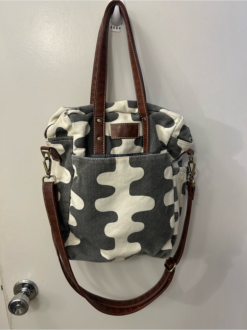 Maika Gray & White Abstract Canvas Tote with Brown Leather Straps